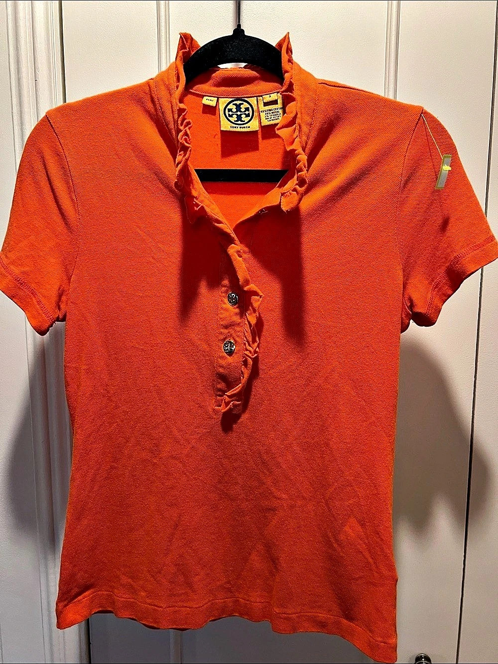 Tory Burch Emily Ruffled Polo Short Sleeve Top Orange Small